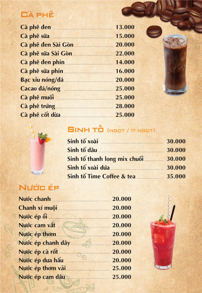 Thiết kế menu cho quán time coffe & tea tại Đà Nẵng